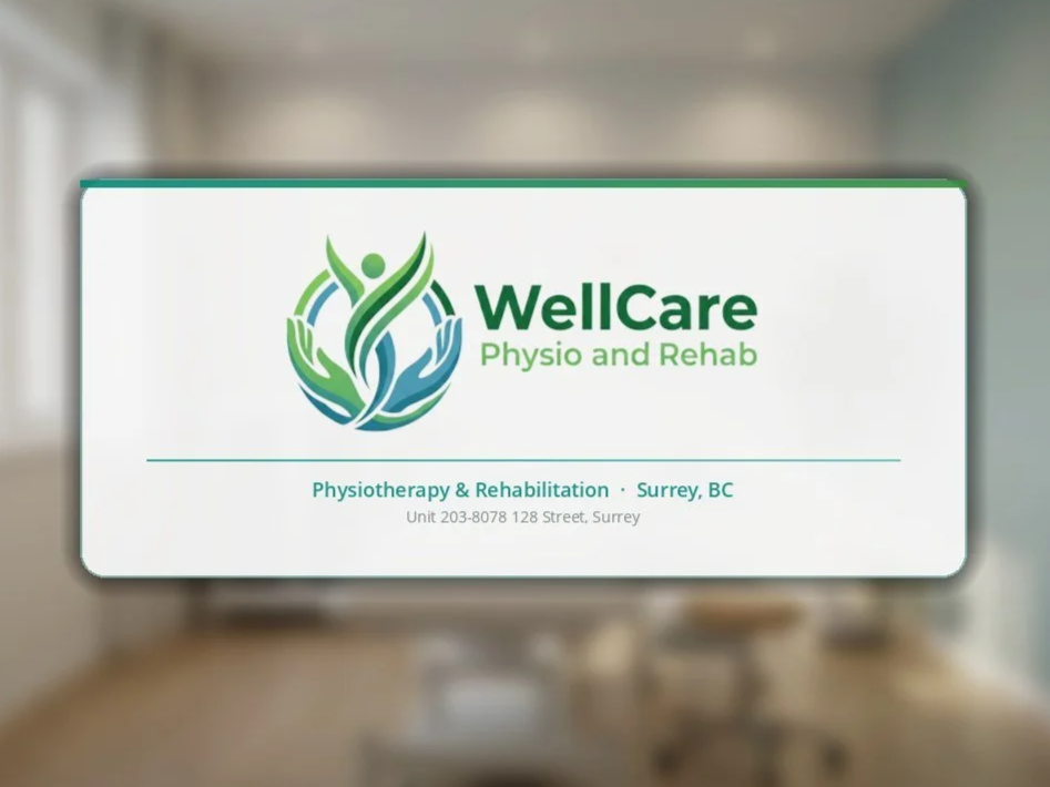 Sign for WellCare Physio and Rehab with logo, located in Surrey, BC.
