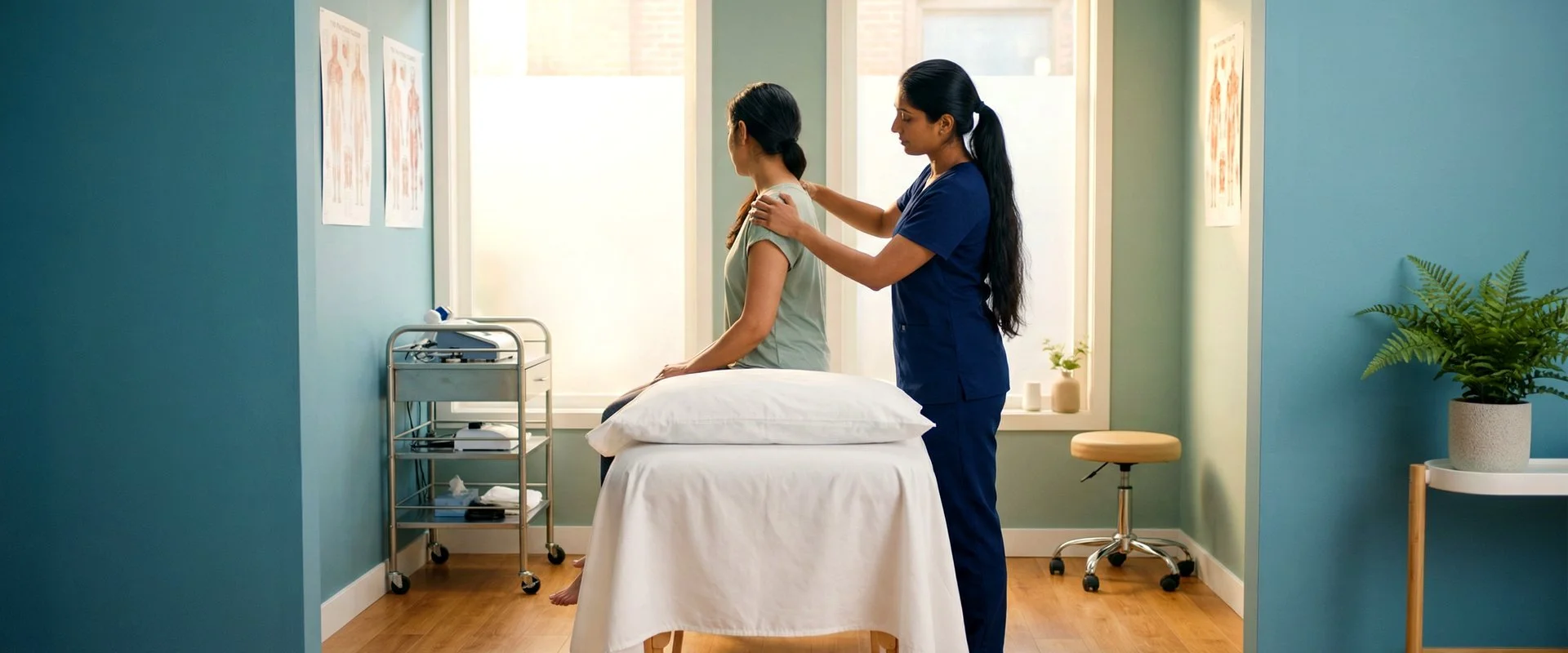 A healthcare professional provides a neck and shoulder massage to a seated patient in a bright, modern clinic room. The room features teal walls, medical posters, and houseplants.
