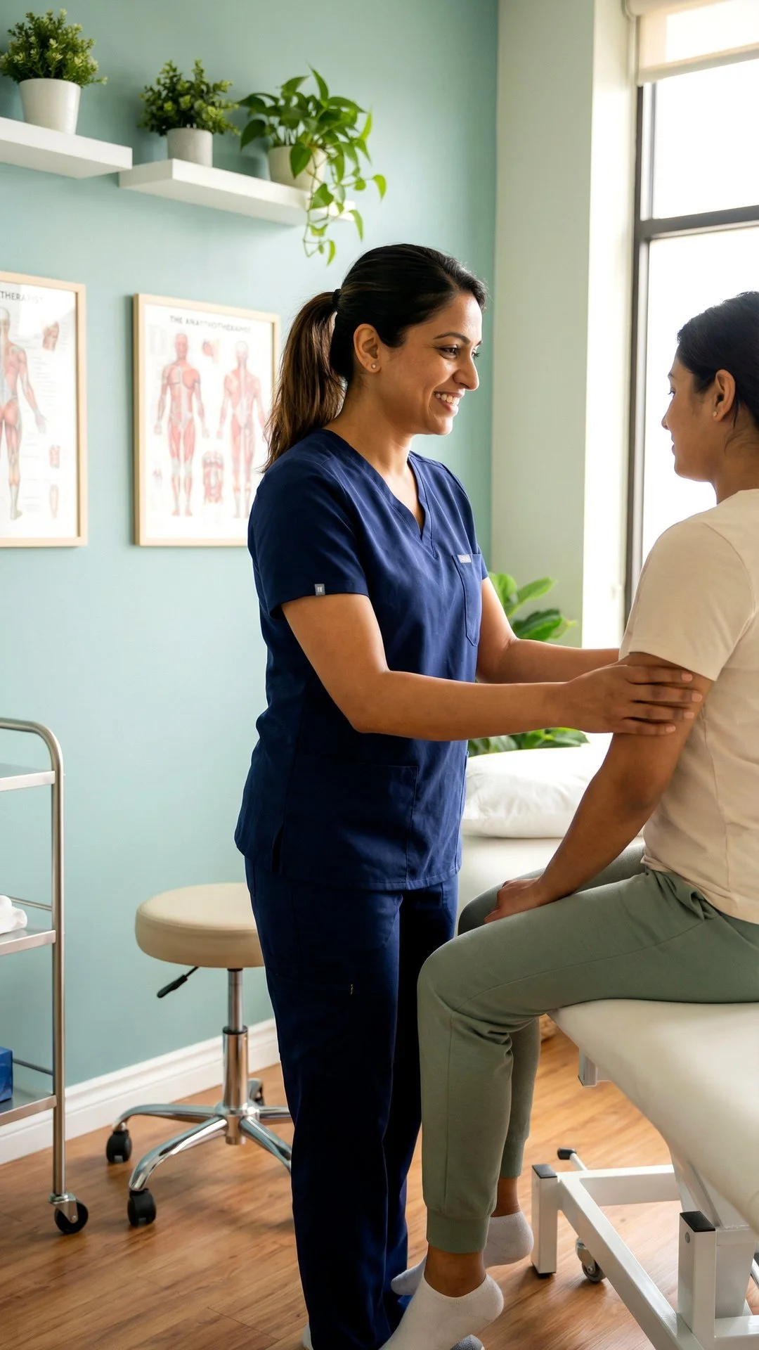 A healthcare professional, dressed in navy scrubs, smiling and talking to a patient seated on an examination table in a medical office or clinic, with anatomical charts on the wall and potted plants on shelves.