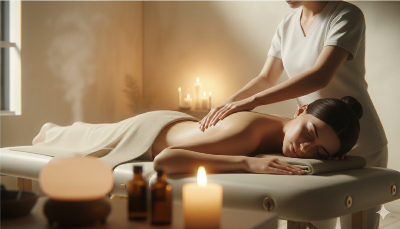 A woman receives a massage in a cozy, candle-lit spa room with candles and essential oils on a table.