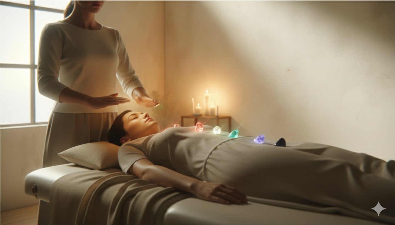 A woman receives a Reiki healing treatment from a practitioner in a softly lit room.
