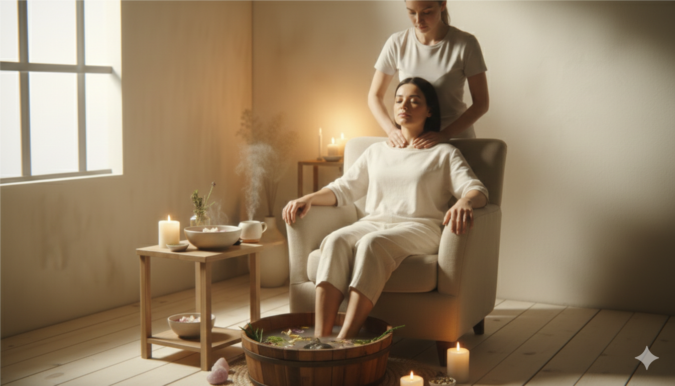 A woman receives a foot massage in a cozy, softly lit room with candles, a steaming bowl, and a foot bath, indicating a relaxing spa or wellness treatment.