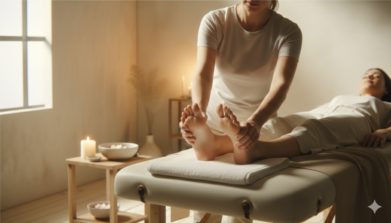 Person receiving a massage in a spa room with candles and soft lighting.