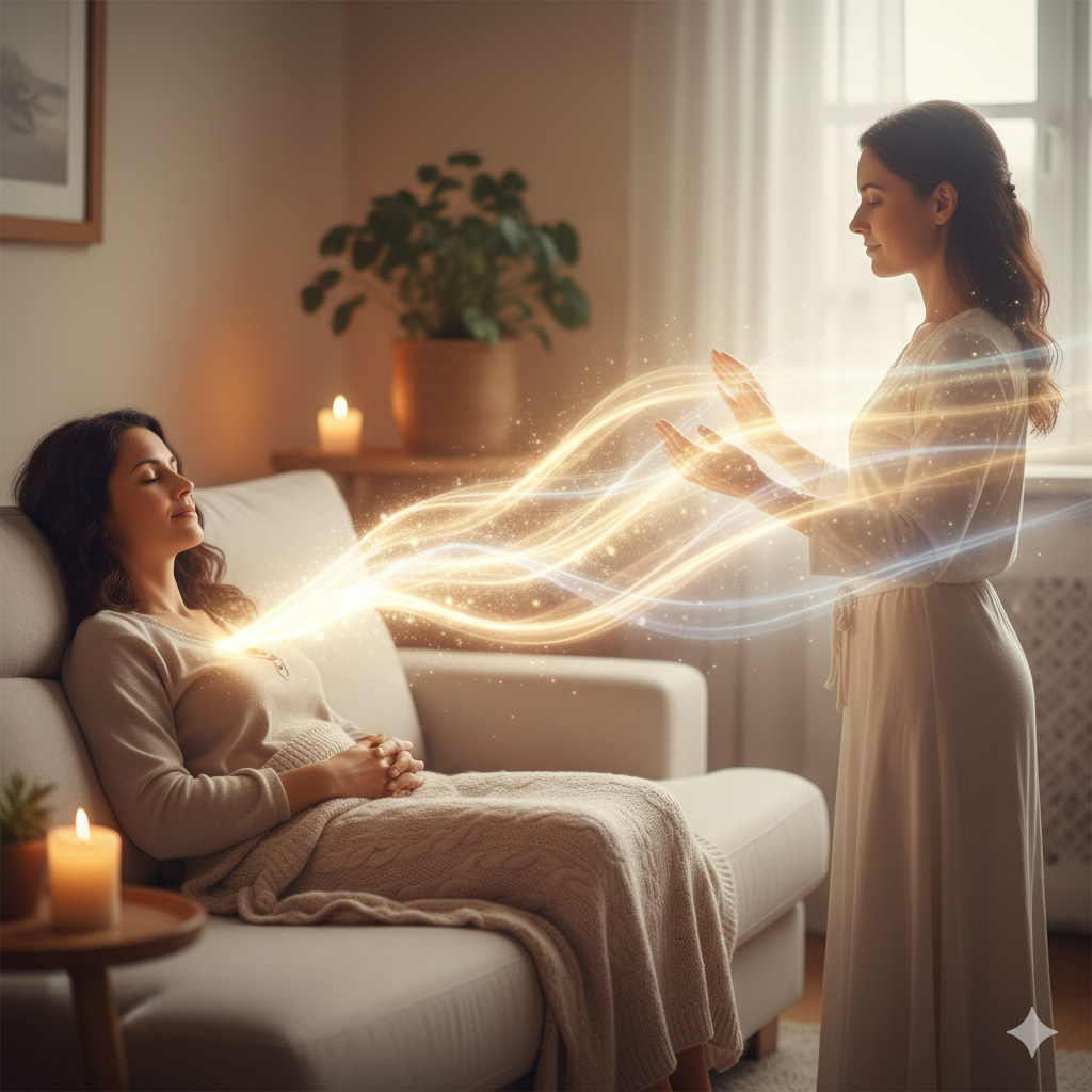 A woman sitting on a sofa with her eyes closed, while another woman stands in front of her with glowing, magical energy emanating from her hands, creating a light trail between them in a softly lit living room.