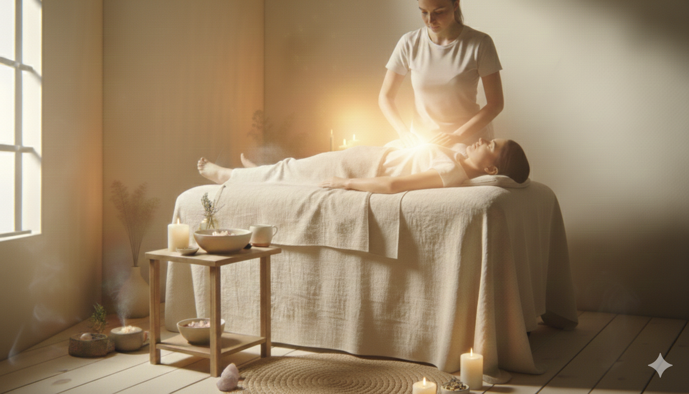 A woman lying on a massage table receiving a healing or relaxation treatment while a practitioner stands beside her, with candles and aromatherapy items nearby.