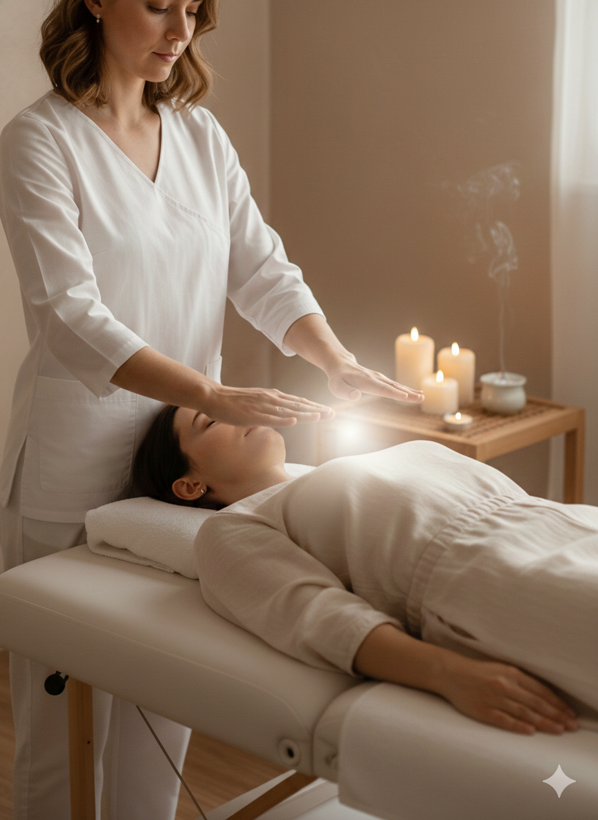A woman receiving a healing treatment or massage from a therapist in a calm, softly lit room with candles on a side table.