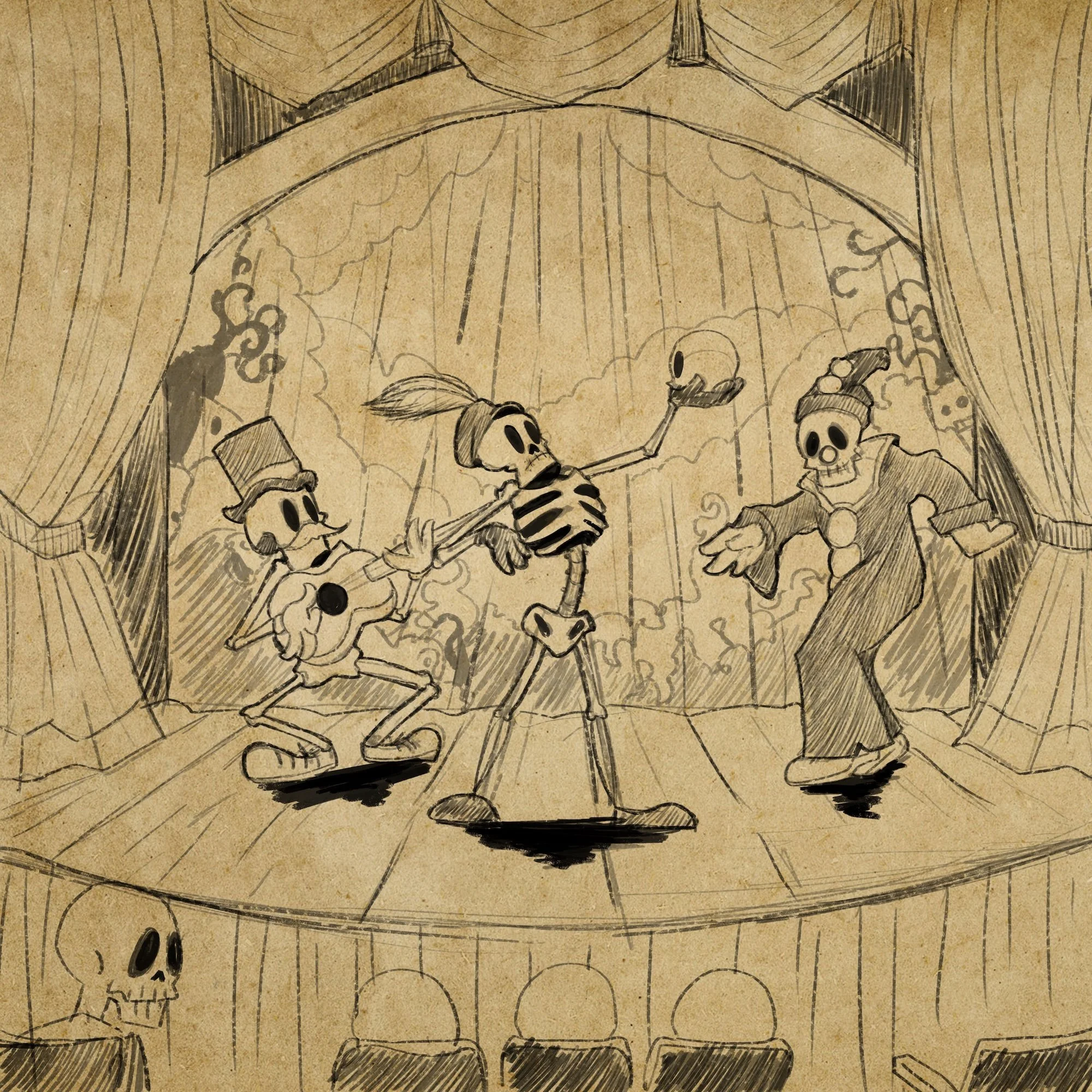 A drawing of a skeleton in a circus or carnival scene with a skeleton clown and skulls, surrounded by curtains and stage props.