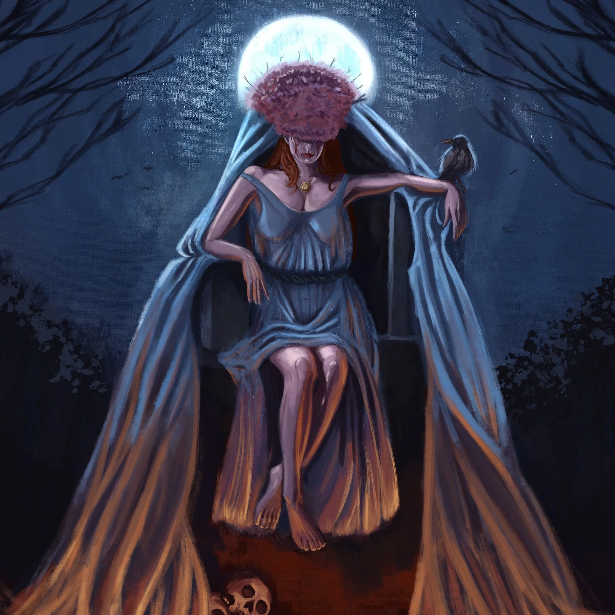 A woman sits on the ground in a dark, eerie forest at night with a full moon behind her. She is dressed in a flowing gray dress, has long red hair, and wears a large pink flower on her head. A crow is perched on her shoulder, and a skull rests in her lap. The scene is illuminated by the moonlight, creating a mystical and somber atmosphere.