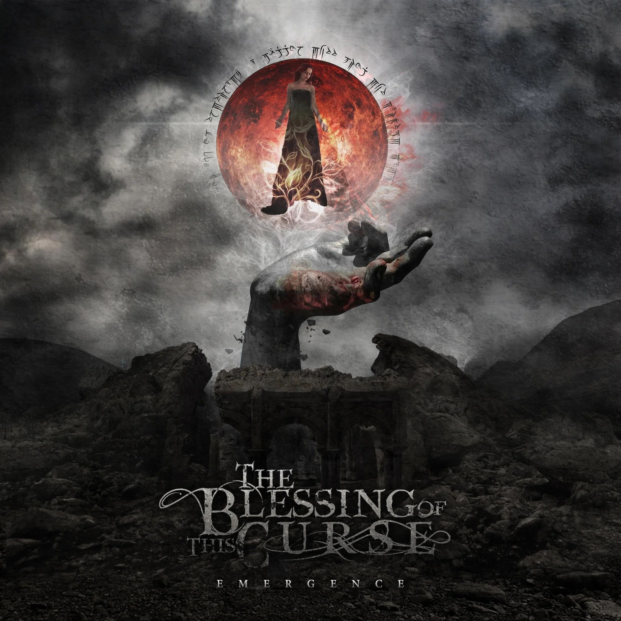 A woman dressed in black stands within a fiery red circle, surrounded by mystical symbols, as she hovers above a hand that appears to be conjuring flames, set against a dark, stormy sky.