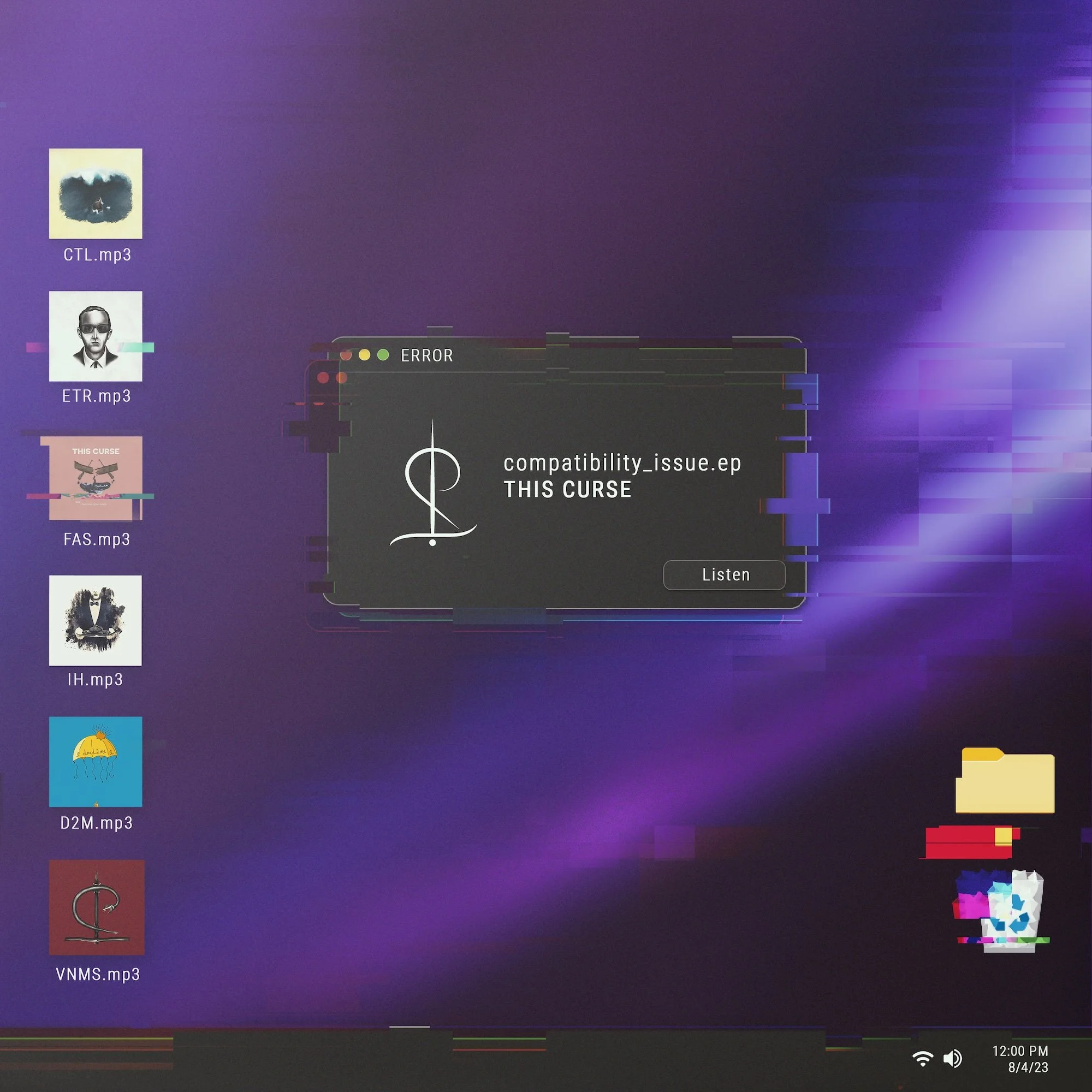 Computer desktop screen displaying multiple audio files in MP3 format with various icons and images, including a person with glasses, a stylized face, a jellyfish illustration, and a person holding an umbrella. The background is purple with some visual glitches and distortion.