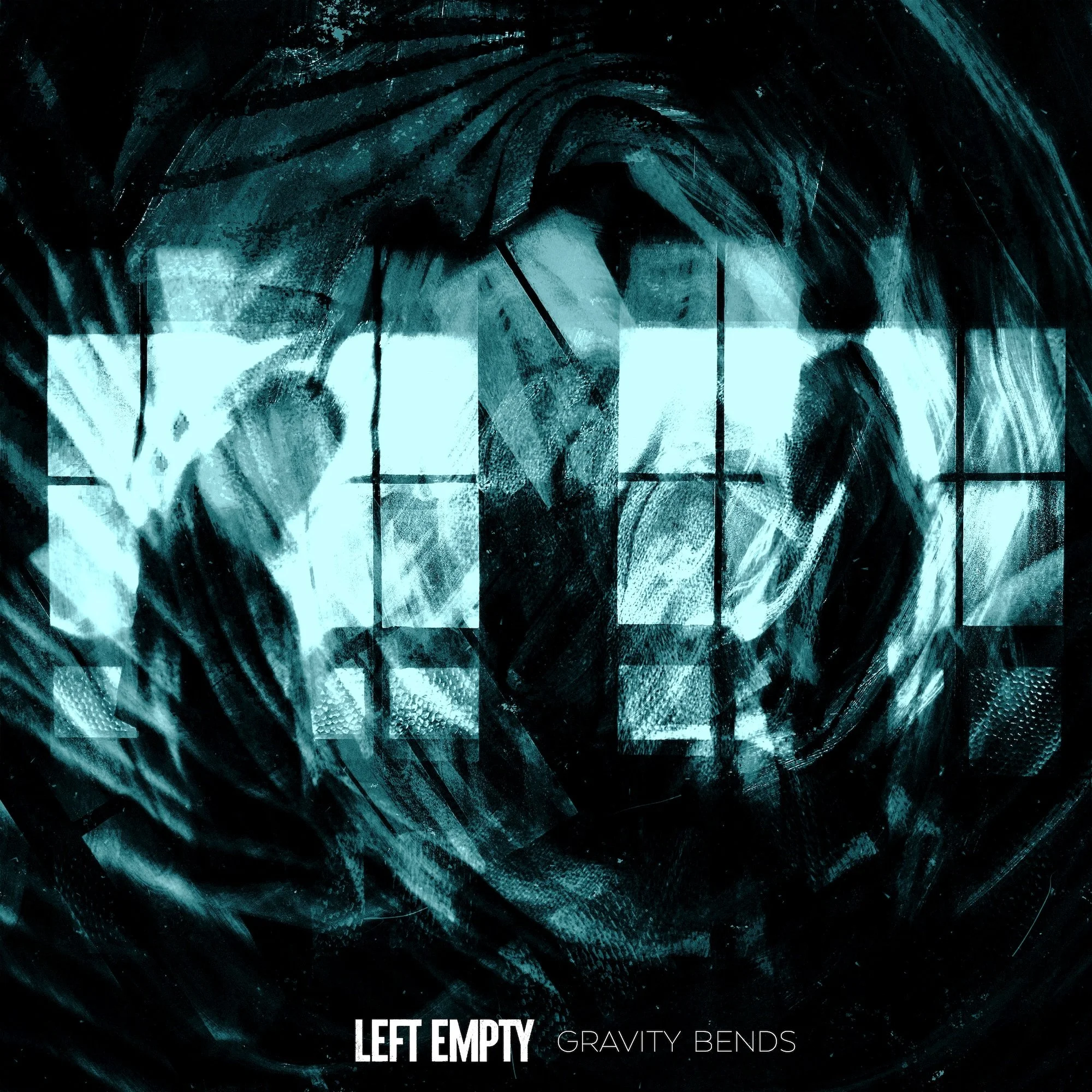 Abstract digital artwork with swirling dark blue and black colors, sharp lines, and contrasting light accents. Text at the bottom reads: 'LEFT EMPTY GRAVITY BENDS'.