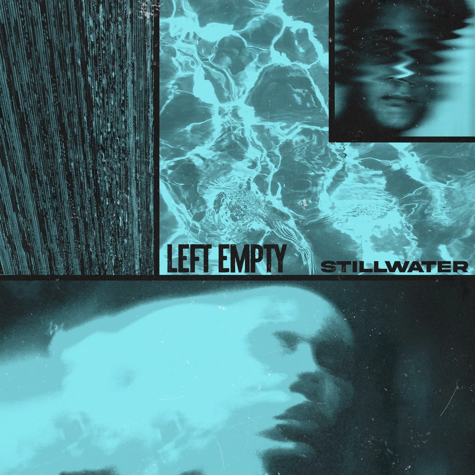 A blue-tinted image with digital data streams, water with ripples, and an overlaid text that reads 'Left Empty Still Water'.