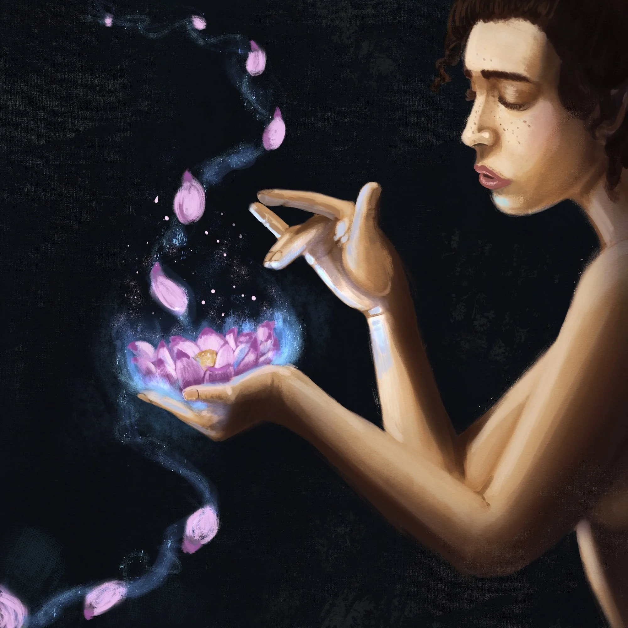 A woman with freckles and curly hair looking at her phone with a concentration, with petals floating around her in a dark background.
