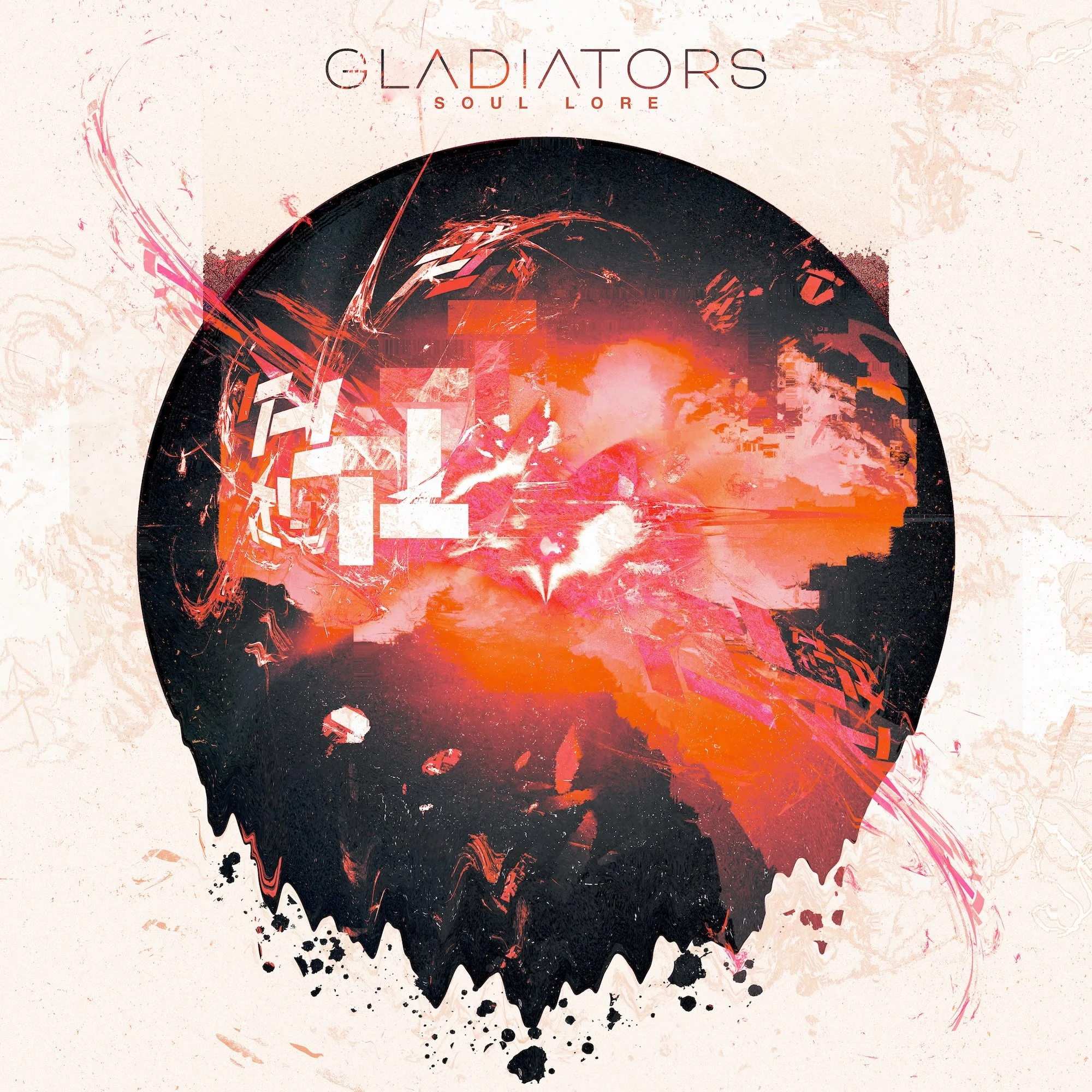 An artistic abstract illustration of a human skull with splashes and digital effects, themed around horror and technology, featuring red, black, and white colors.