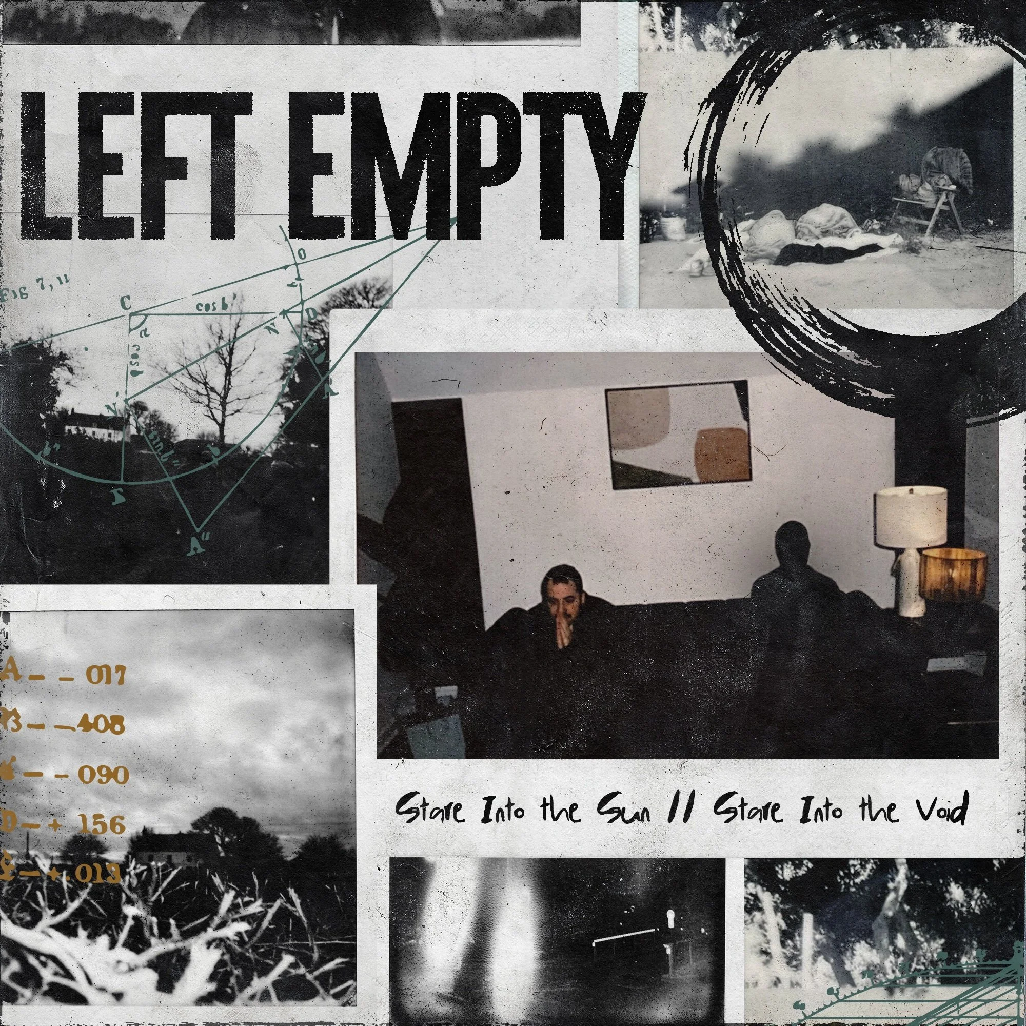 A collage of black and white images with texts, including the large phrase "LET EM PY" and some mathematical and natural elements, along with the quote "Stare Into the Sun // Stare Into the Void".