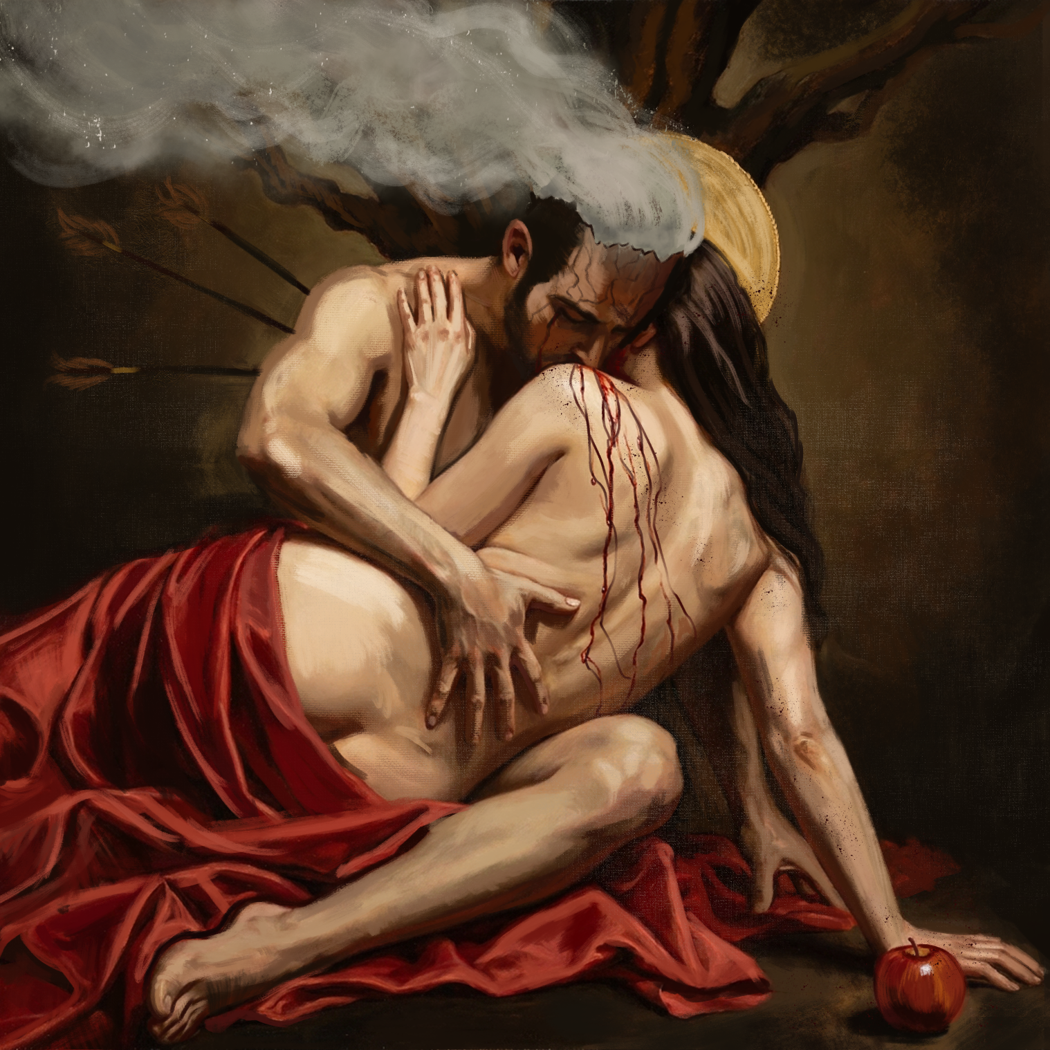 A painting depicting the crucifixion of Jesus Christ, with Jesus hanging on the cross, crowned with a halo, blood on his face, and an expression of pain. Mary Magdalene is embracing Jesus, kneeling and mourning. An apple is on the ground near her.