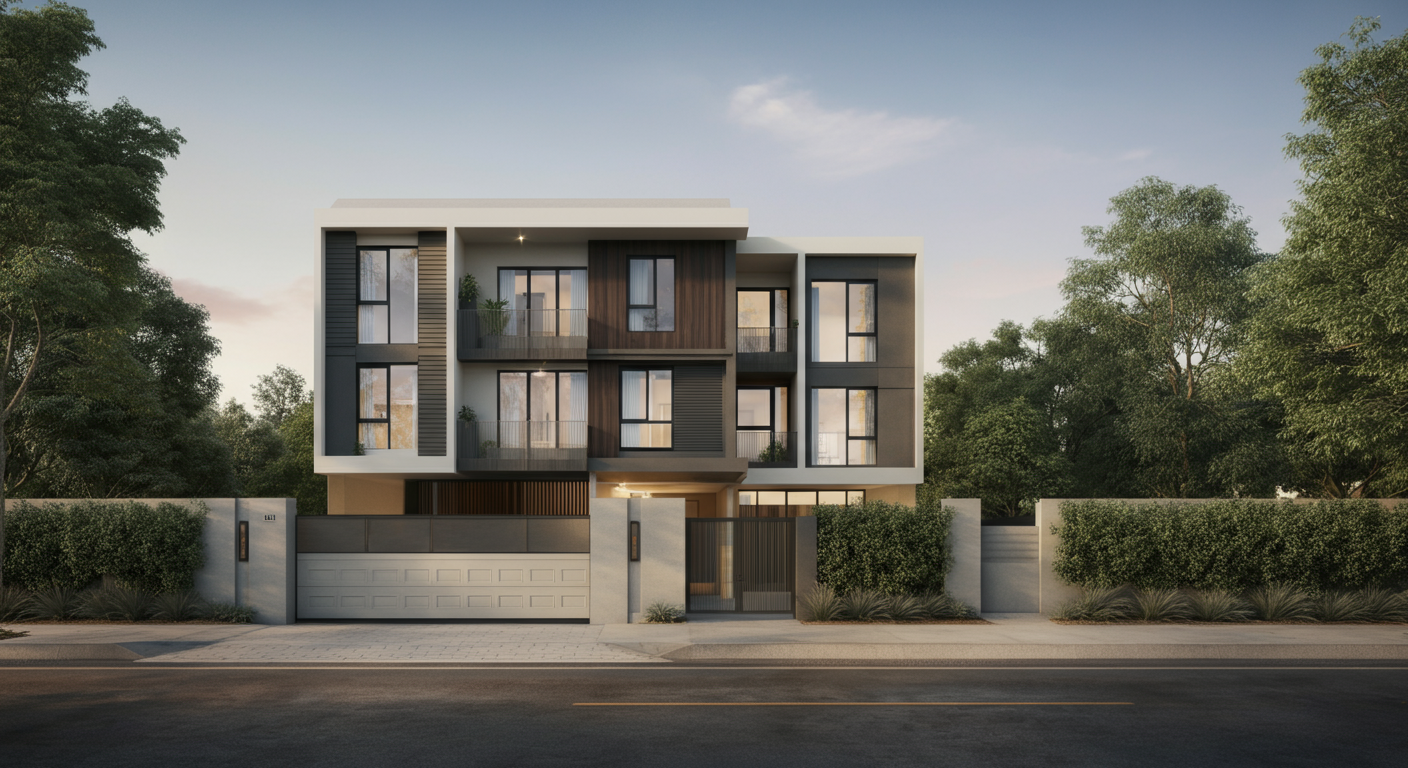 Modern multi-story residential building with balconies and large windows, surrounded by greenery and a gated entrance.