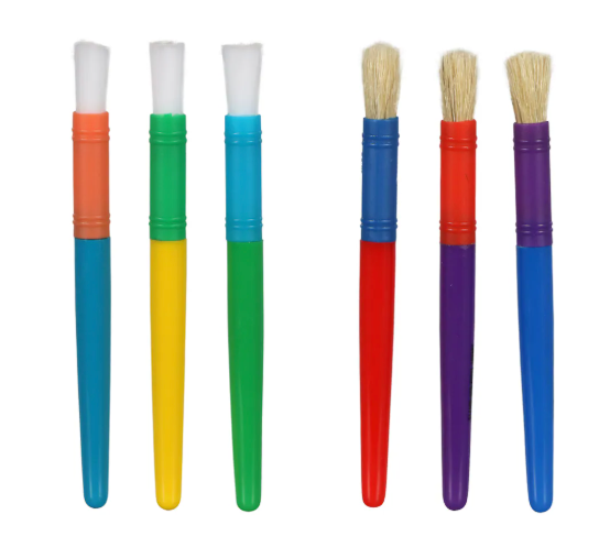 Six paintbrushes with colorful handles and bristles, arranged in a row.