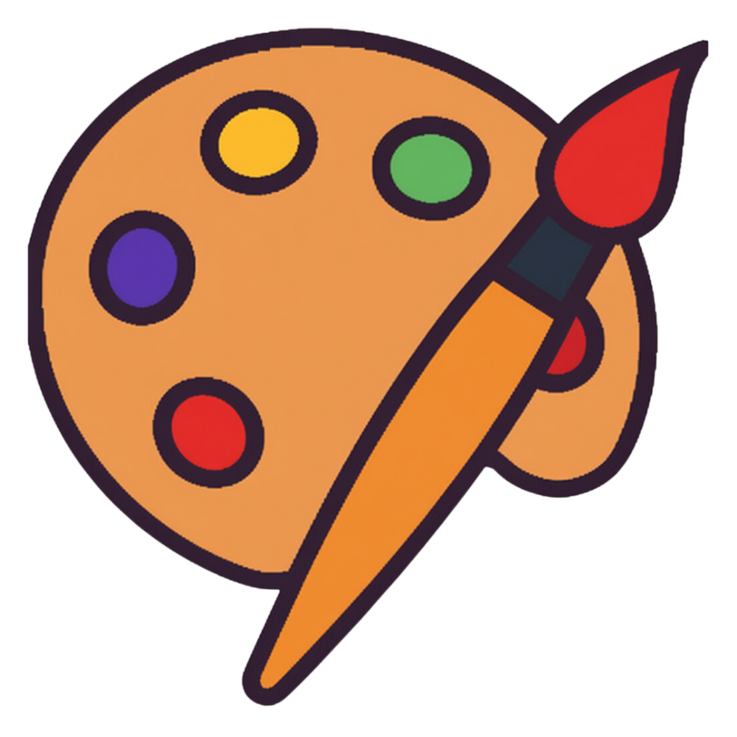 Illustration of an artist's paint palette with colored circles and a paintbrush.