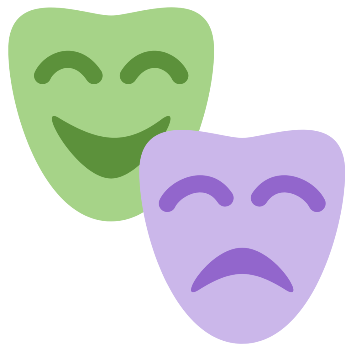 Two cartoon-style masks, one green happy mask and one purple sad mask, overlapping.