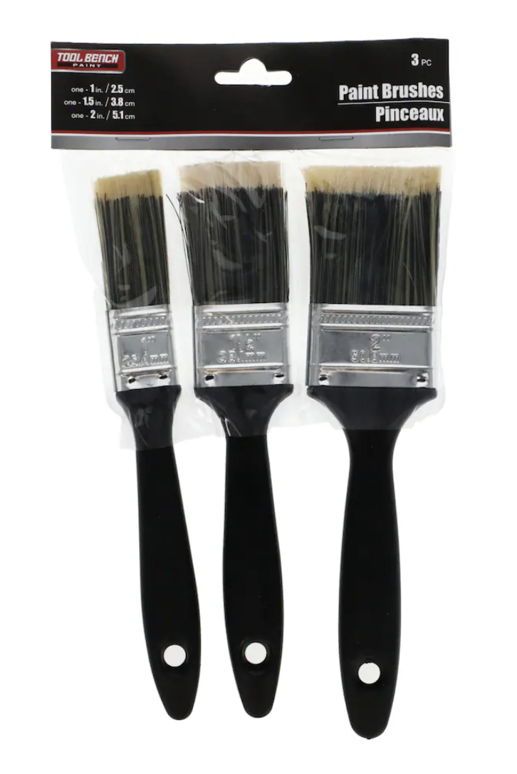 Package of three paint brushes with black handles and white bristles, labeled as tool bench paint brushes in various sizes.
