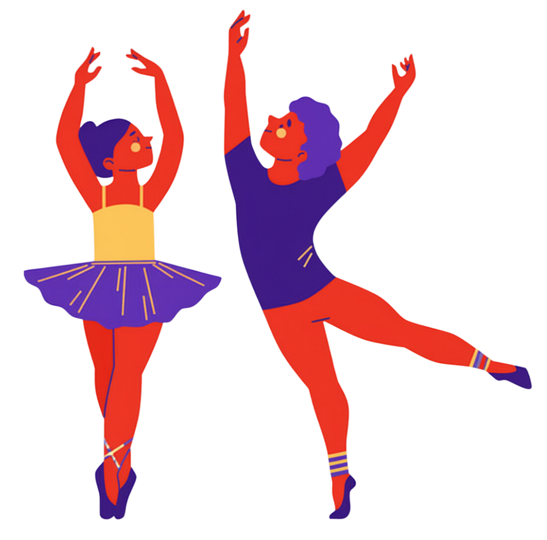 Two stylized characters, a ballerina and a dancer, dancing together with arms raised and one foot on the ground, in a colorful digital illustration.