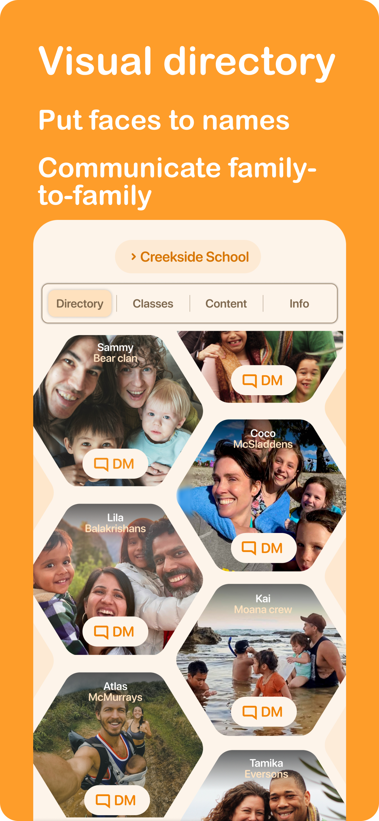 Mobile app interface for a visual directory of families at Creekside School, with photos and names of family members, and options for direct messaging.
