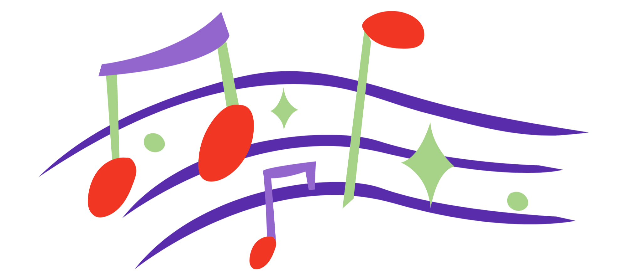 Colorful abstract illustration of musical notes, stars, and flowing lines in purple, green, and red on a black background.
