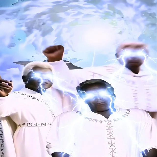 Four men dressed in white robes with lightning effects around their heads, standing together indoors.