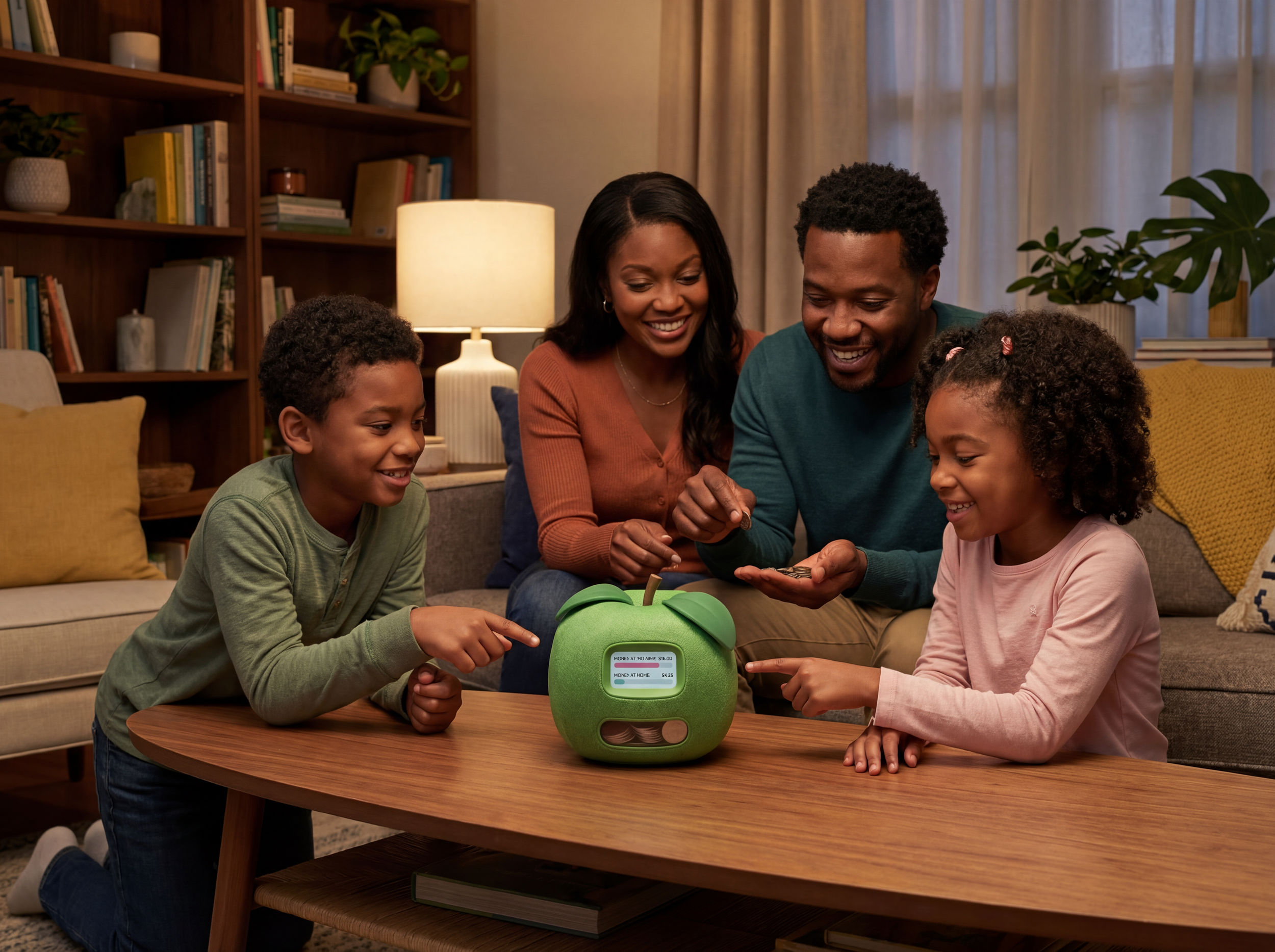 A family of four, including two children and two adults, happily interacting with a green digital piggy bank on a wooden coffee table in a cozy living room.