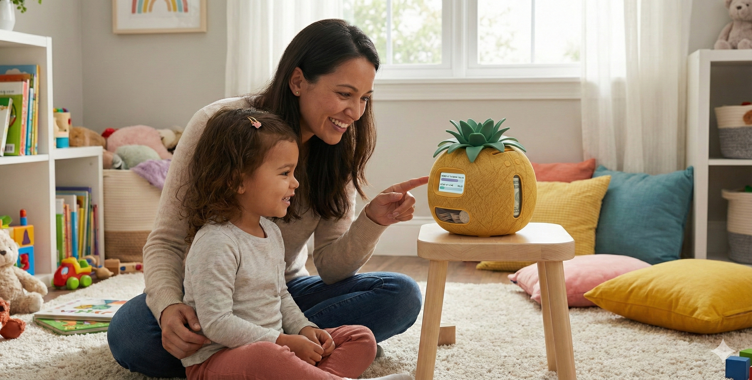 Parent and child using the Budget Berry smart piggy bank for kids savings.