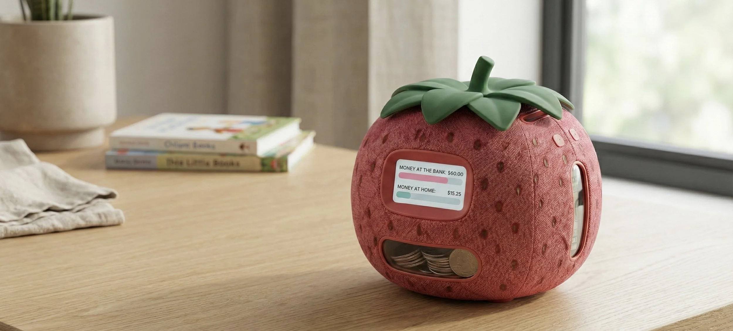 Budget Berry smart piggy bank for kids with digital display on a wooden table.