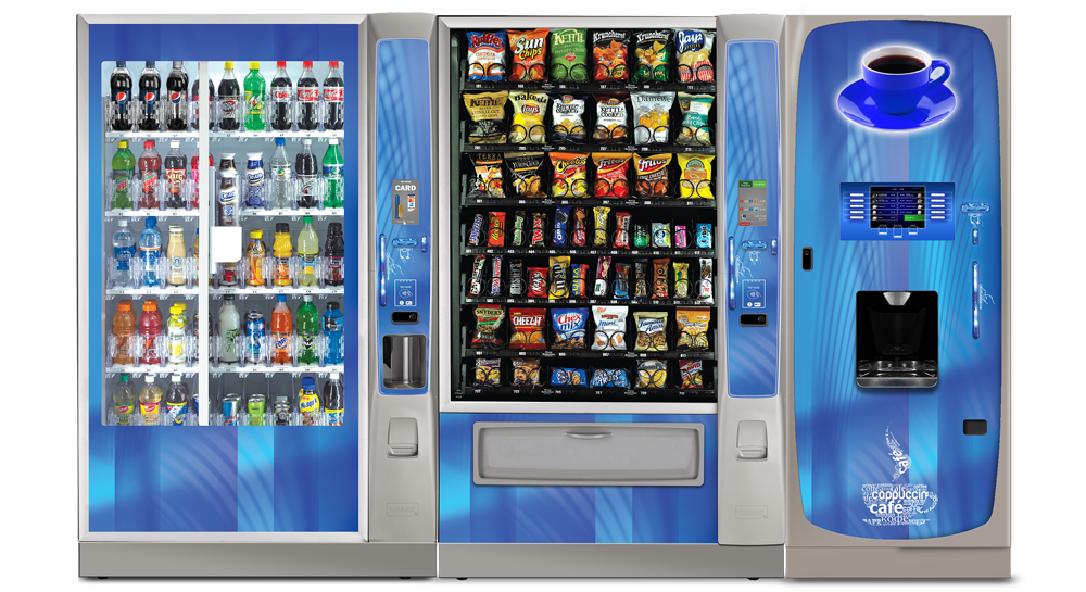 A vending machine with three sections: beverages on the left, snacks in the middle, and coffee on the right.