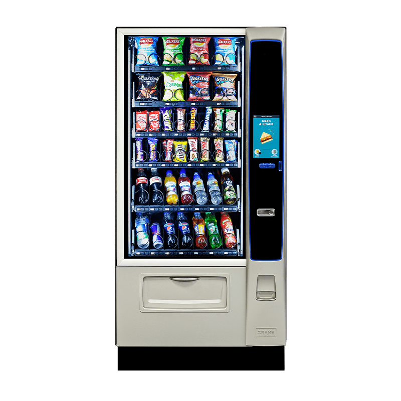 A vending machine stocked with various snack and beverage options, including chips, candy bars, and bottled drinks.