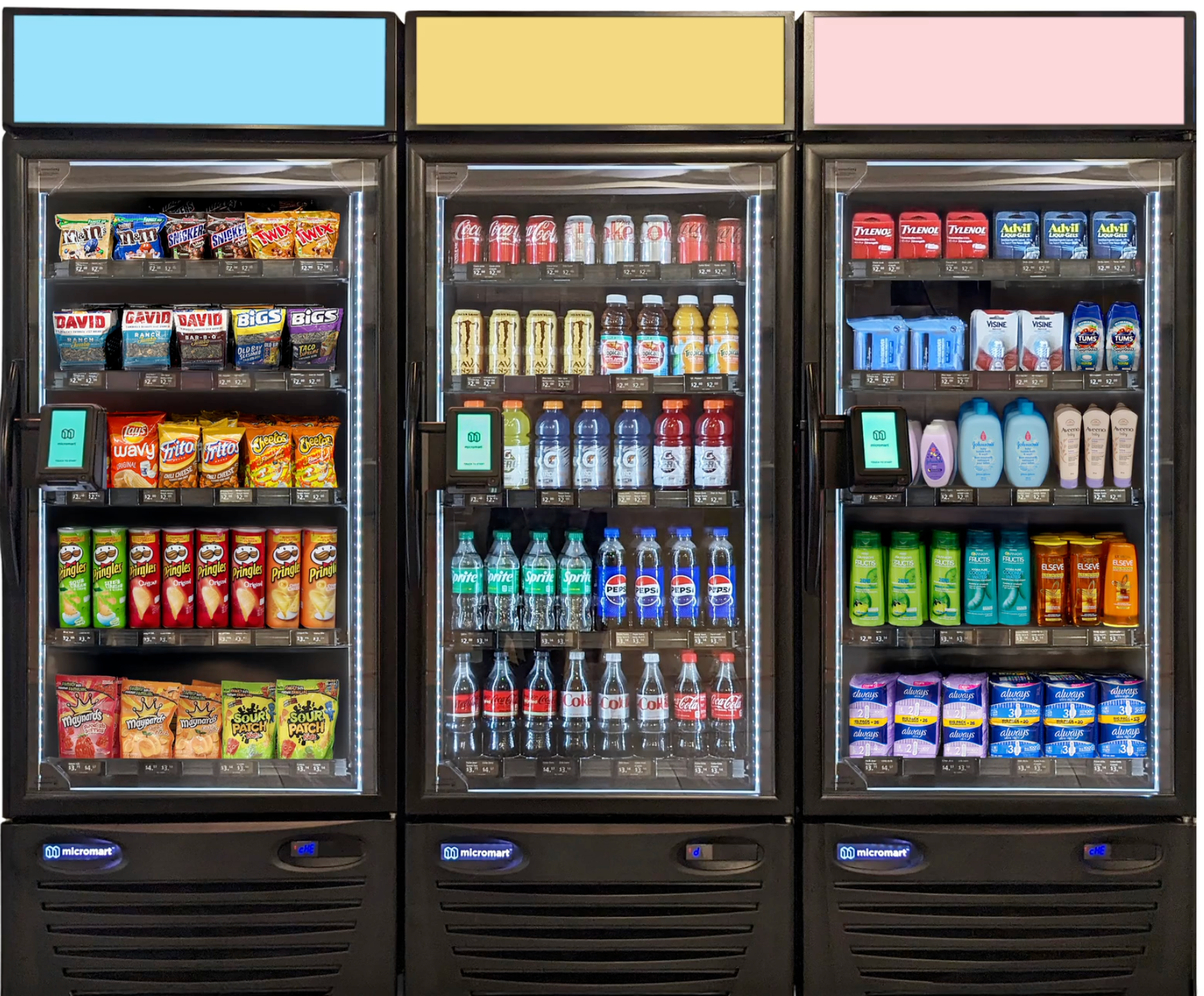 Three vending machines filled with snacks and beverages, including chips, candies, soda, bottled water, and personal care products.