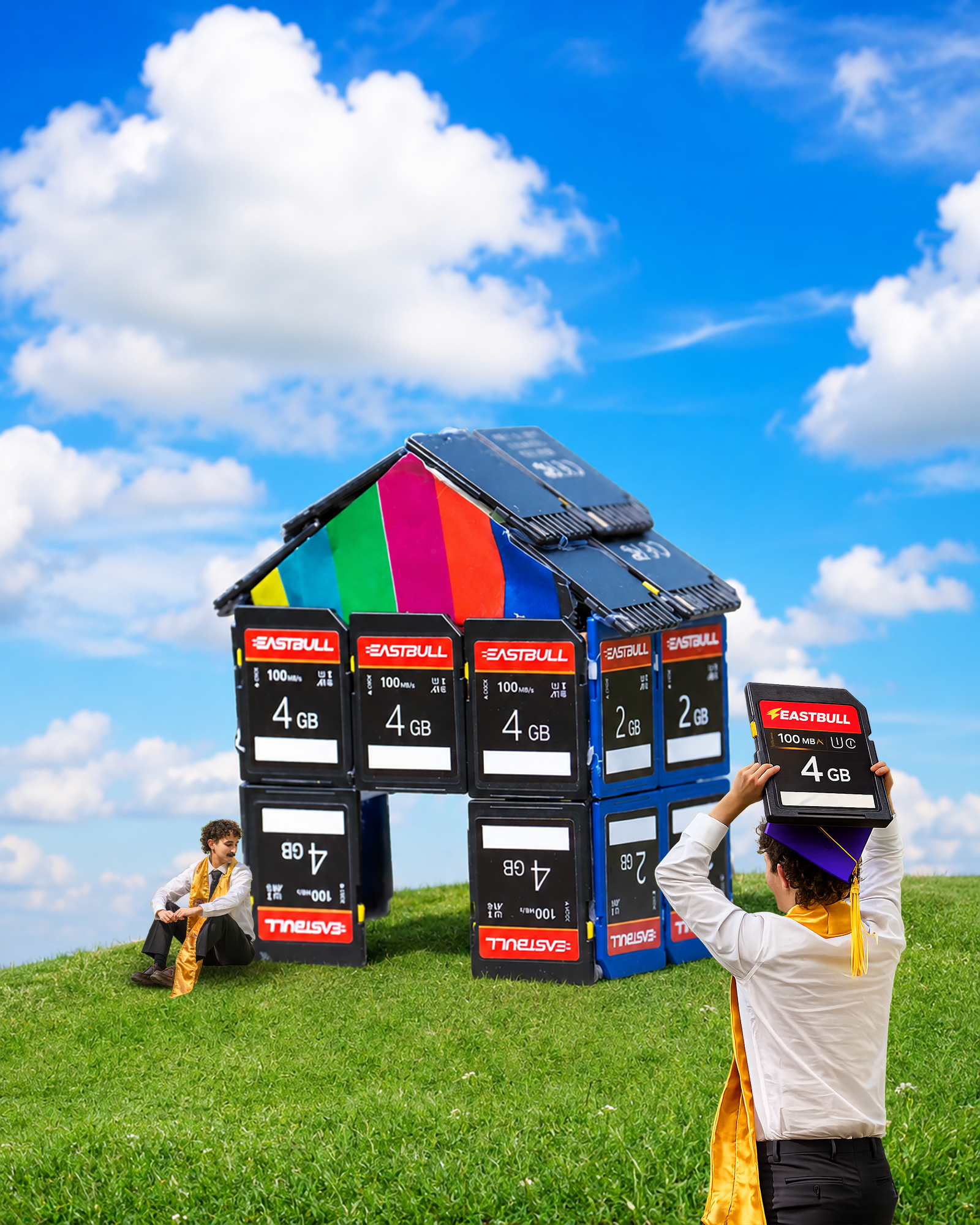 Children in graduation gowns taking photos of an outdoor installation made of large plastic memory cards resembling a building or sculpture, with a bright blue sky and clouds in the background.