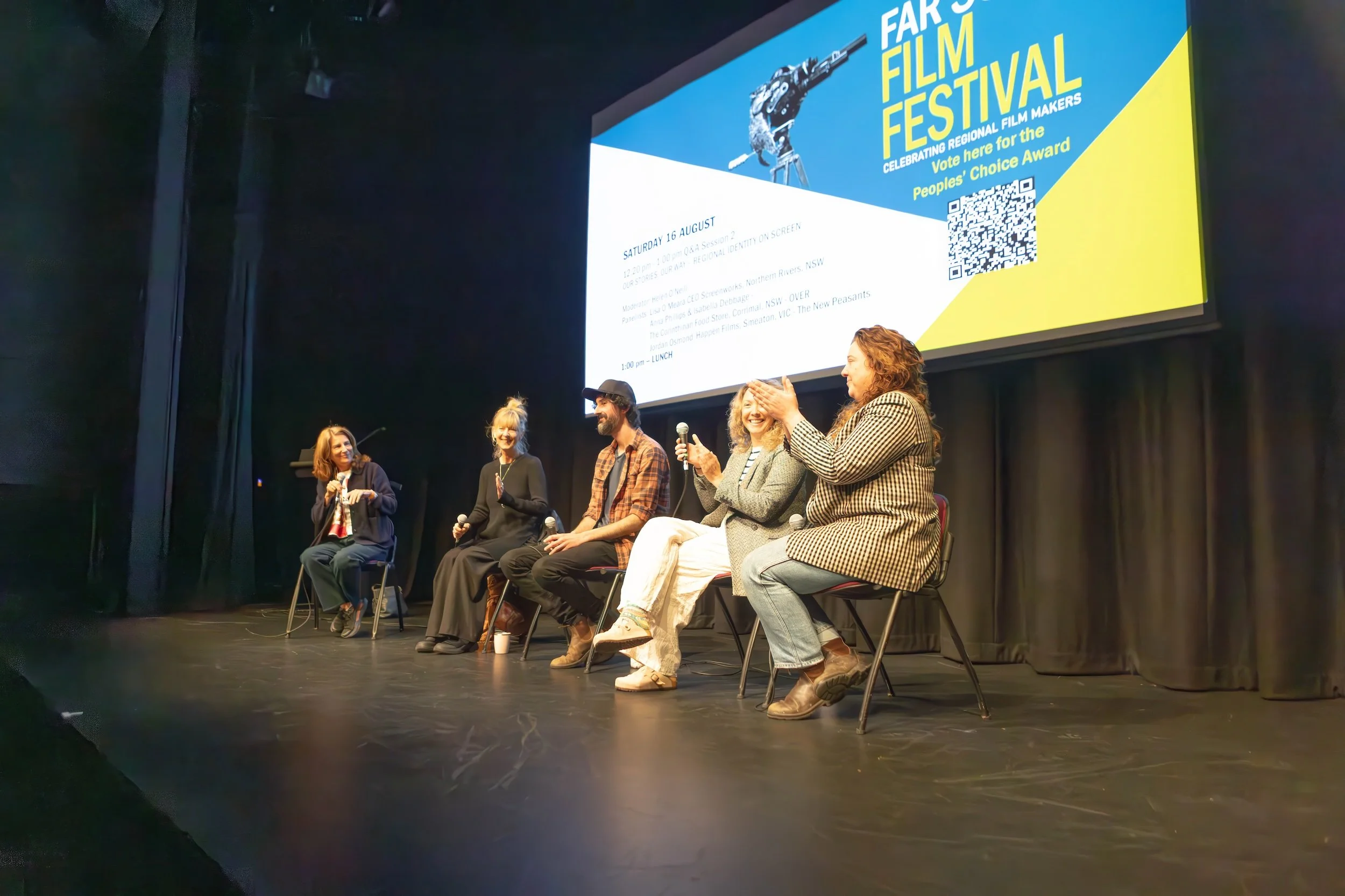 Moderator Helen O'Neil with Screenworks CEO Lisa O'Meara, filmmakers Jordan Osmond, Anna Phillips and Bella Debbage.