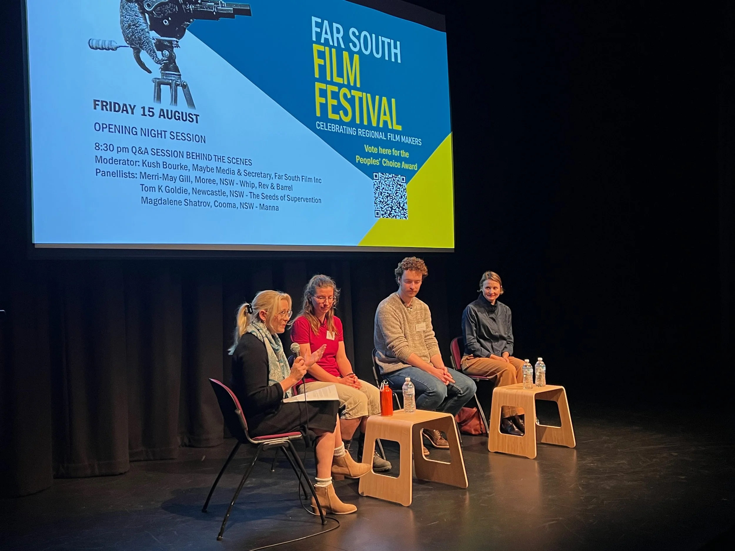 Filmmakers Q&A , Opening Night 2025. Moderator Kush Bourke, Filmmakers Magdalene Shatrov, Tom J Goldie, Merri-May Gill
