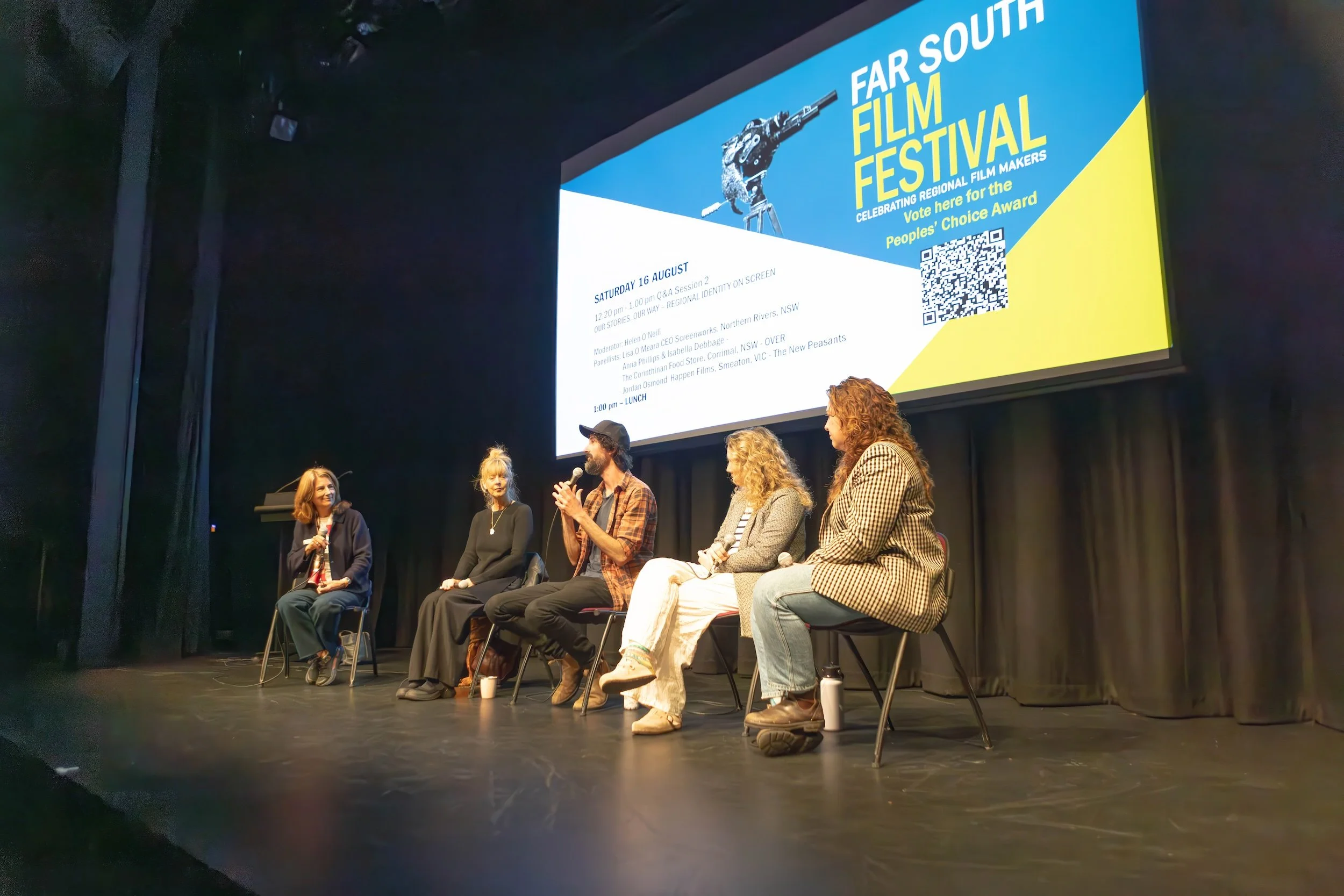 Moderator Helen O'Neil with Screenworks CEO Lisa O'Meara, filmmakers Jordan Osmond, Anna Phillips and Bella Debbage.