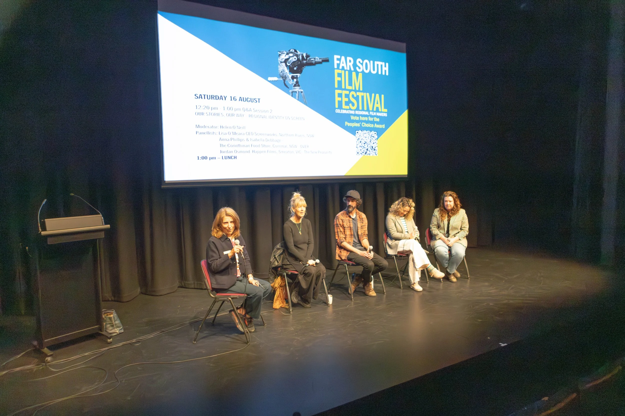 Festival Day Filmmakers Panel with Moderator Helen O'Neil, Lisa O'Meara CEO Screenworks, Filmmakers Jordan Osmond, Anna Phillips and Bella Debbage