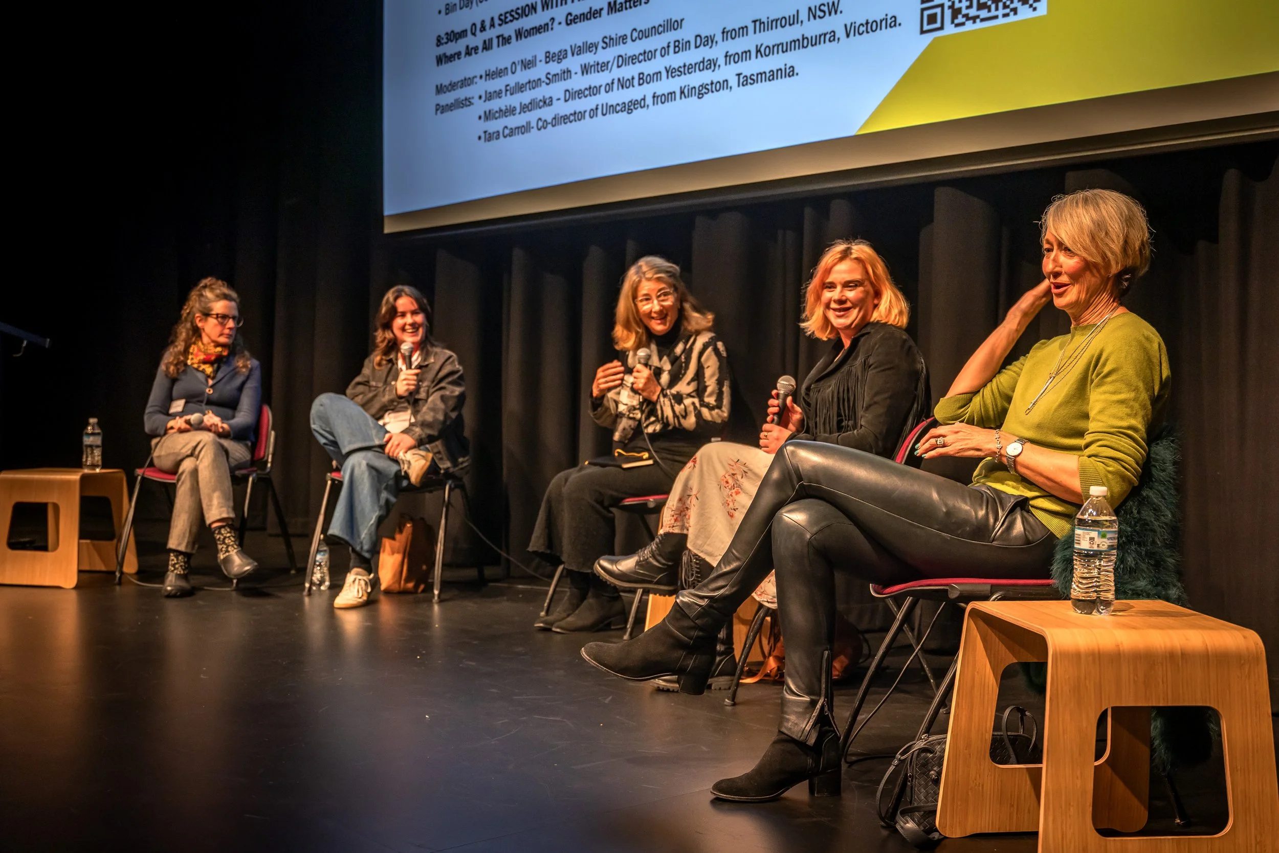 Panellists L to R Michèle Jedlicka ( Not Born Yesterday), India Goss Maher( Producer Bin Day), MOderator Helen O'Neil, Tara Carroll (Co-Director, Uncaged), Jane Fullerton-Smith
(Writer/Director Bin Day)