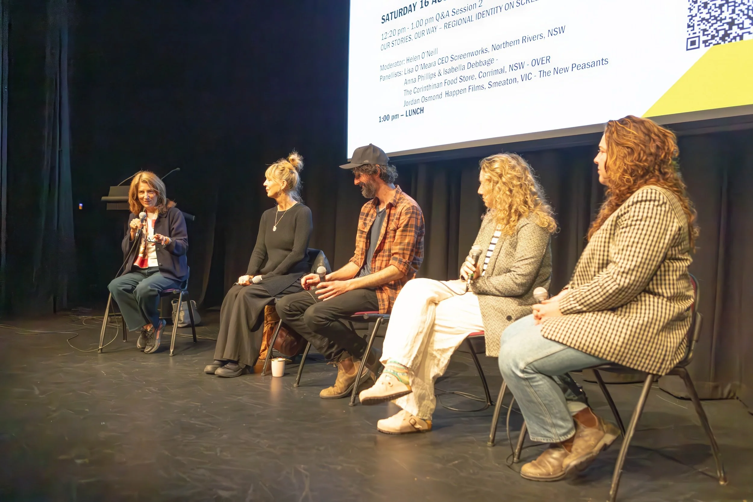 Moderator Helen O'Neil with Screenworks CEO Lisa O'Meara, filmmakers Jordan Osmond, Anna Phillips and Bella Debbage.
