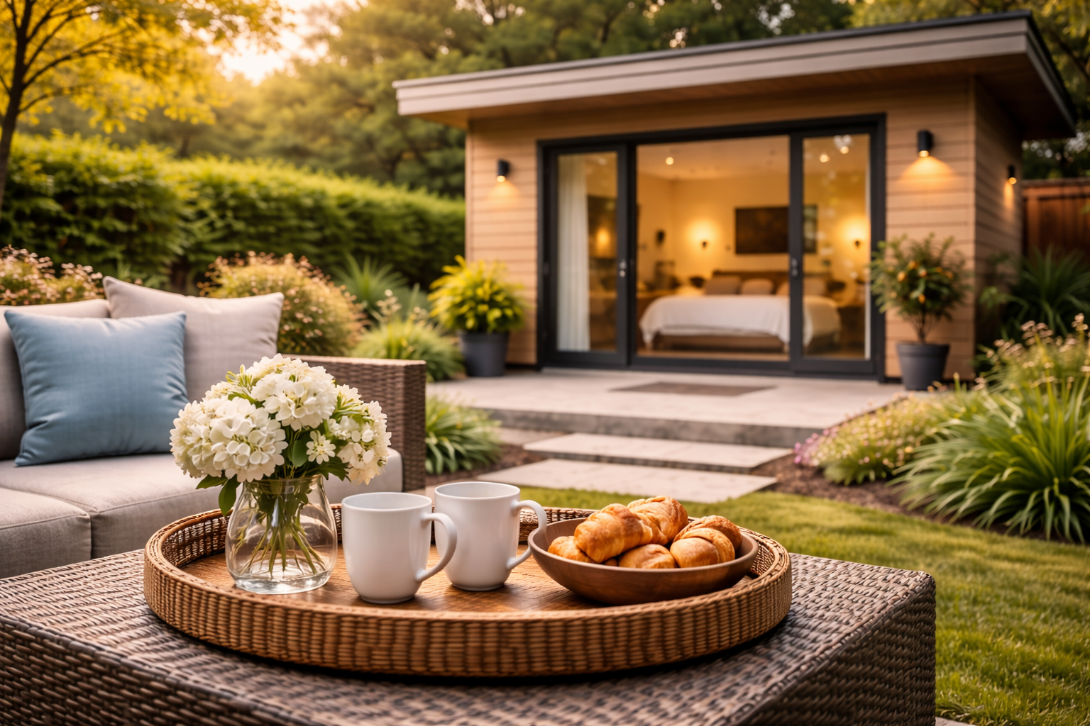 Outdoor patio with a wicker table holding white flowers, croissants, and mugs in front of a sofa and a small house with glass doors, surrounded by greenery and flowers during golden hour.