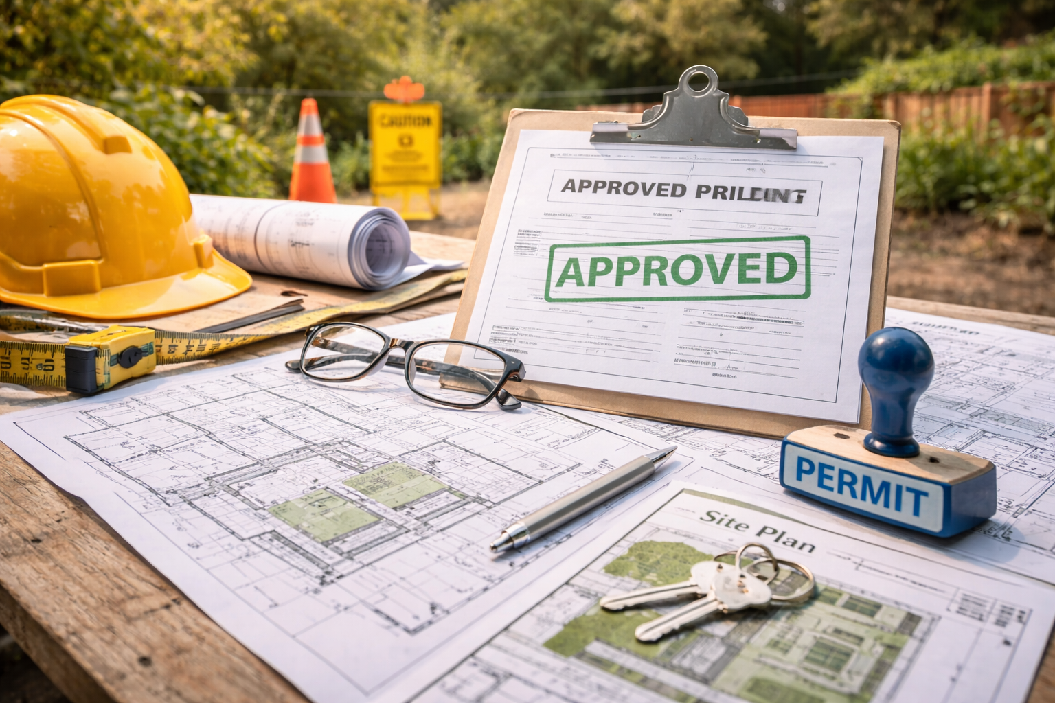 Construction plans and approval documents on a wooden table at a construction site, with a yellow hard hat, glasses, tape measure, keys, and a permit stamp visible.