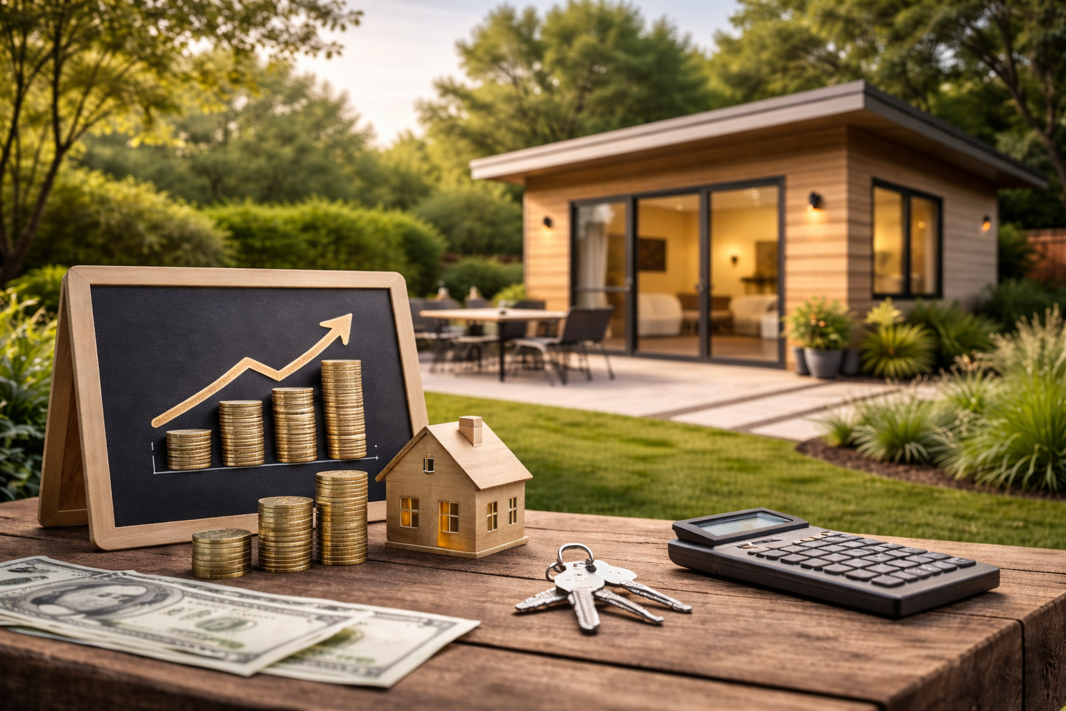 A small chalkboard with a rising arrow and stacks of coins, a miniature house, US dollar bills, keys, and a calculator on a wooden table outside a modern house with patio furniture.