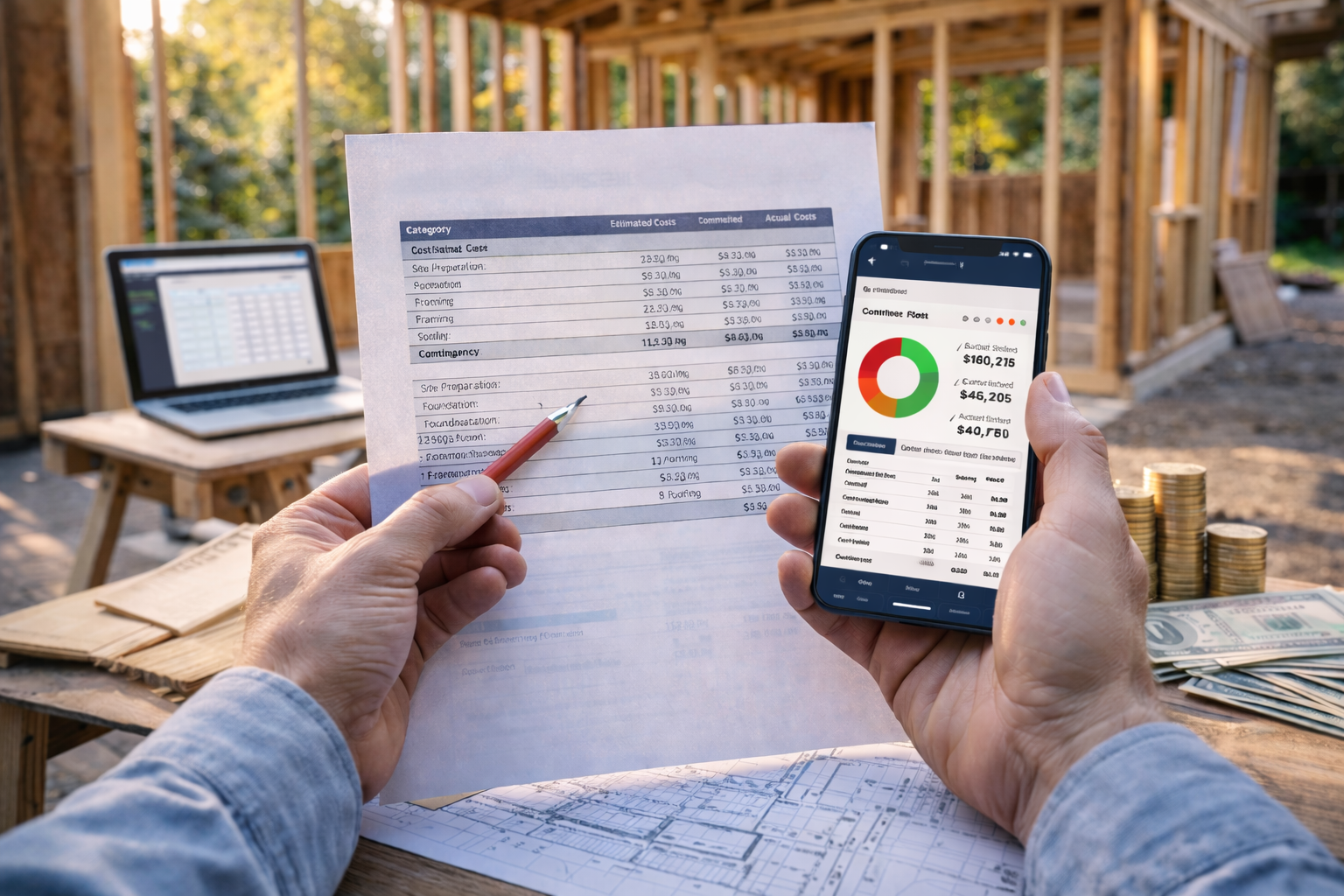 Person holding a smartphone displaying a financial chart with percentages and currency amounts, while working on documents with financial data at a construction site with wooden framing.