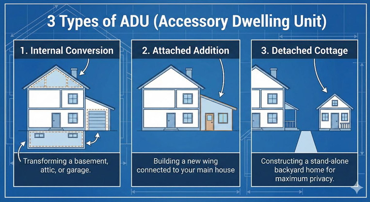Diagram showing three types of accessory dwelling units (ADUs): internal conversion in a house transforming a basement or attic; attached addition connected to the main house with a new wing; detached cottage as a standalone backyard home for privacy.