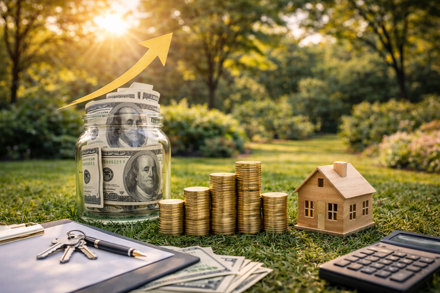 Stack of dollar bills in a jar, with a rising arrow, coins, a small wooden house, keys, a pen, a clipboard, and a calculator on the grass in a park setting during sunset.