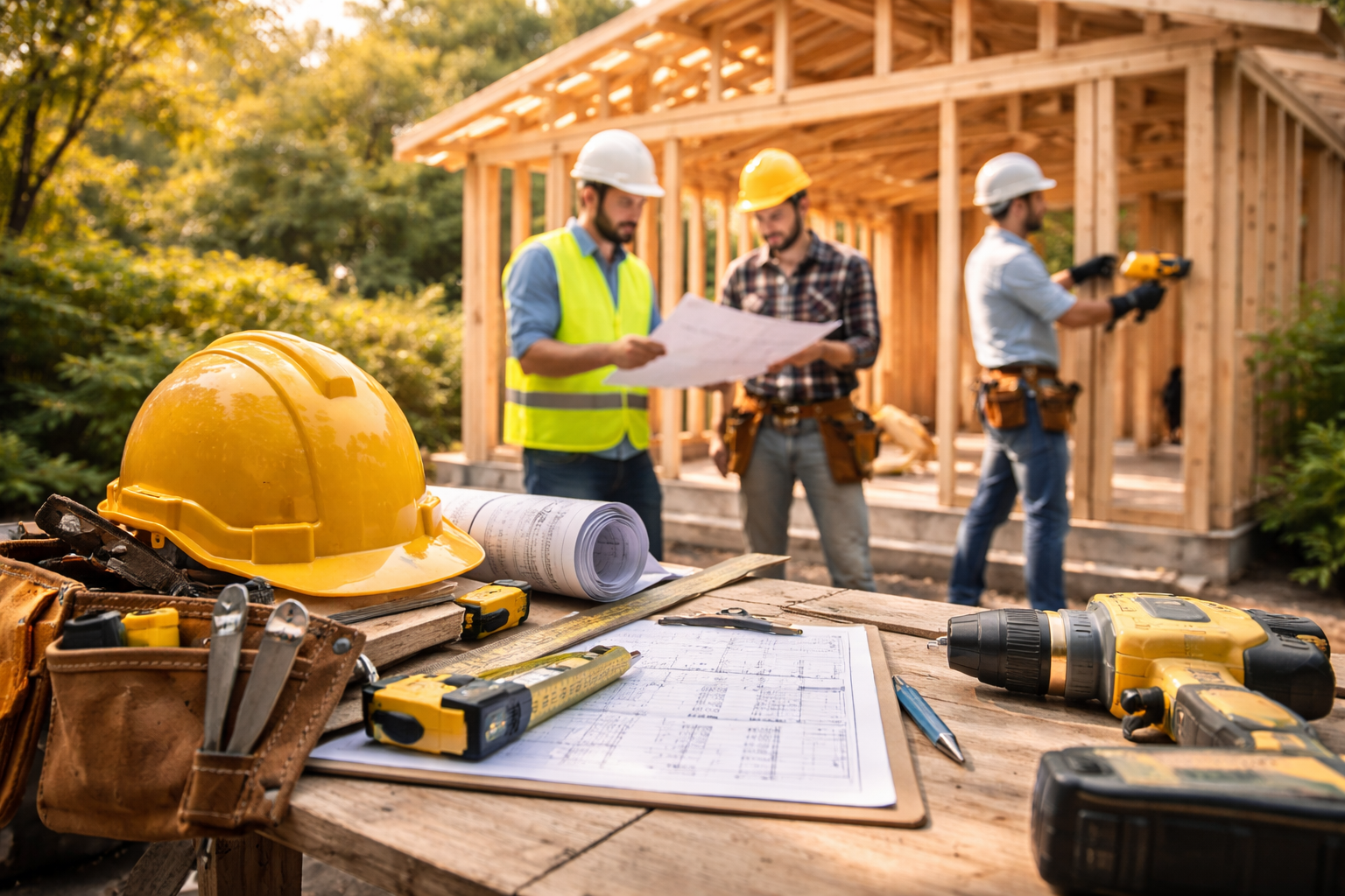 Construction site with three workers wearing hard hats, working on building a wooden house, with construction tools and plans on a table in the foreground.