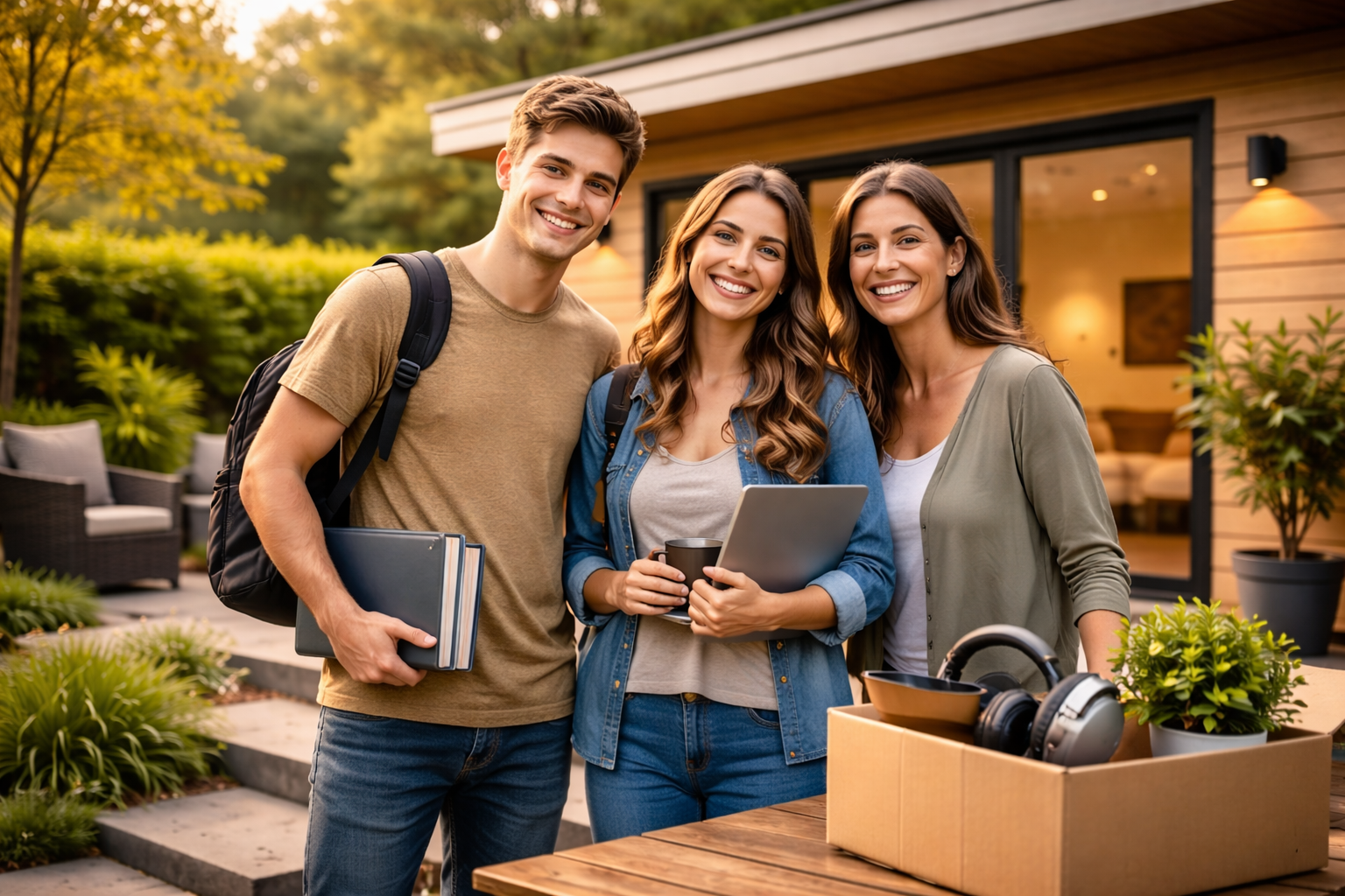 Three young adults, two women and one man, smiling and standing outdoors near a modern house with large windows, holding notebooks, a tablet, and coffee cups.
